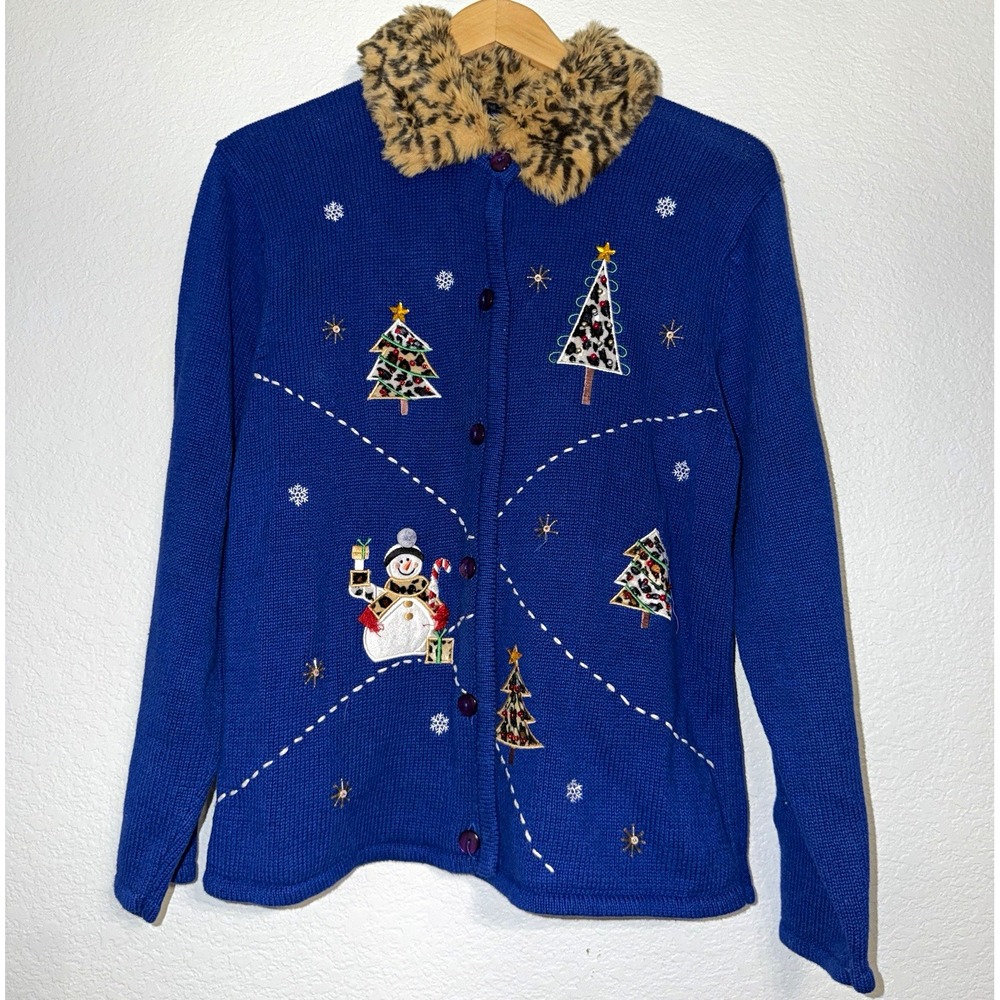 Vintage Crystal Kobe Christmas Cardigan Blue Snowman Trees Faux Fur Collar M